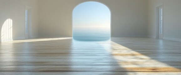 Bright room with wooden floor shows ocean view from archway. Light pours across floor