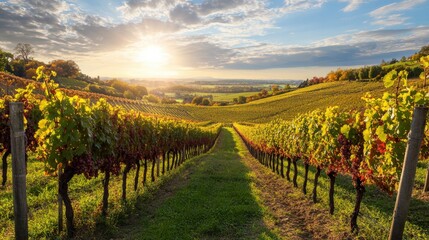 Naklejka premium Expansive vineyard landscape at golden hour.