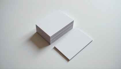 Business card stack display minimalist workspace photography neutral palette top-down view professional branding