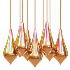 Cluster of teardrop shaped iridescent copper pendant lights hanging on strings