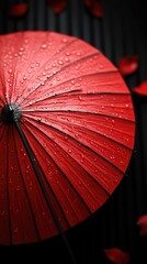 Red umbrella with water droplets, black background, and scattered red petals