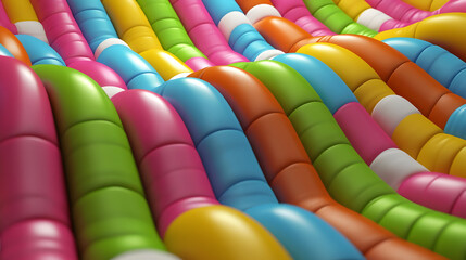 Colorful wavy candy shapes in a repeating pattern.  Close-up view of bright,  vibrant,  smooth  tubes.  Geometric abstract design