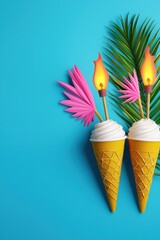 Colorful ice cream cones decorated with tropical elements.