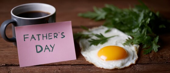 Father's Day greeting card with coffee and fried egg on wooden table Fathers Day