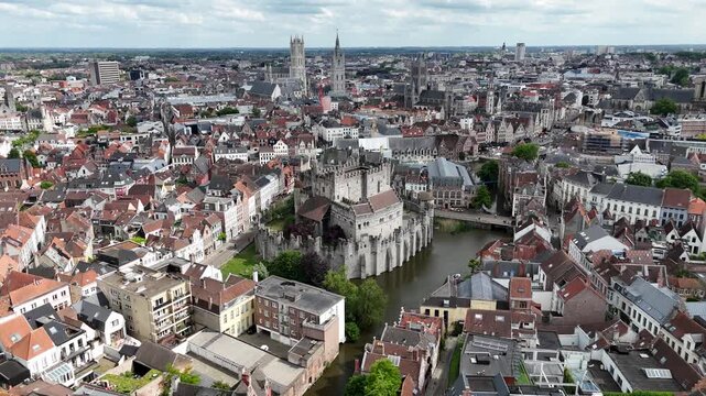 Panning drone aerial Gravensteen, Medieval castle Ghent Belgium