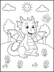 Cartoon Dragon Coloring Book Page with Funny Animal Characters. Black and white line art for kids.