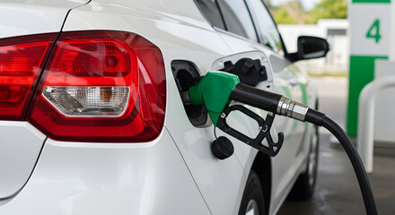Fototapeta premium Fuel Nozzle Pumping Green Gas Into White Car at Gas Station