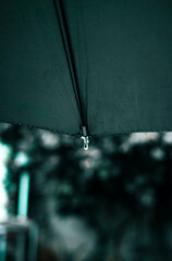 Rain Drop Falling from Dark Green Umbrella: A Close-Up