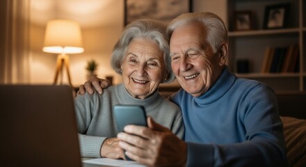 Senior couple smiles while looking at a smartphone screen, embracing each other in a cozy, warmly lit room with a laptop nearby.