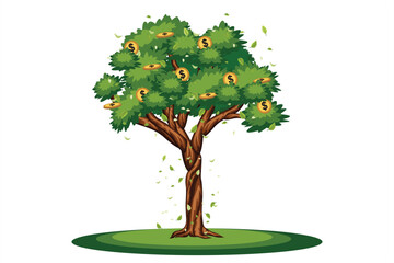 Money Tree Vector Illustration. Conceptual tree with green leaves and gold coins growing on branches, symbolizing wealth, prosperity, investment, financial growth, and abundance.