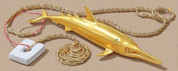 Golden marlin sculpture with rope and fishing gear for decoration.