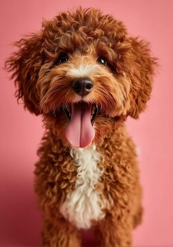 Joyful fluffy reddish-brown Cavapoo dog with curly fur and white chest, sitting upright with tongue out against a pink background, radiating playful charm in a studio portrait.
