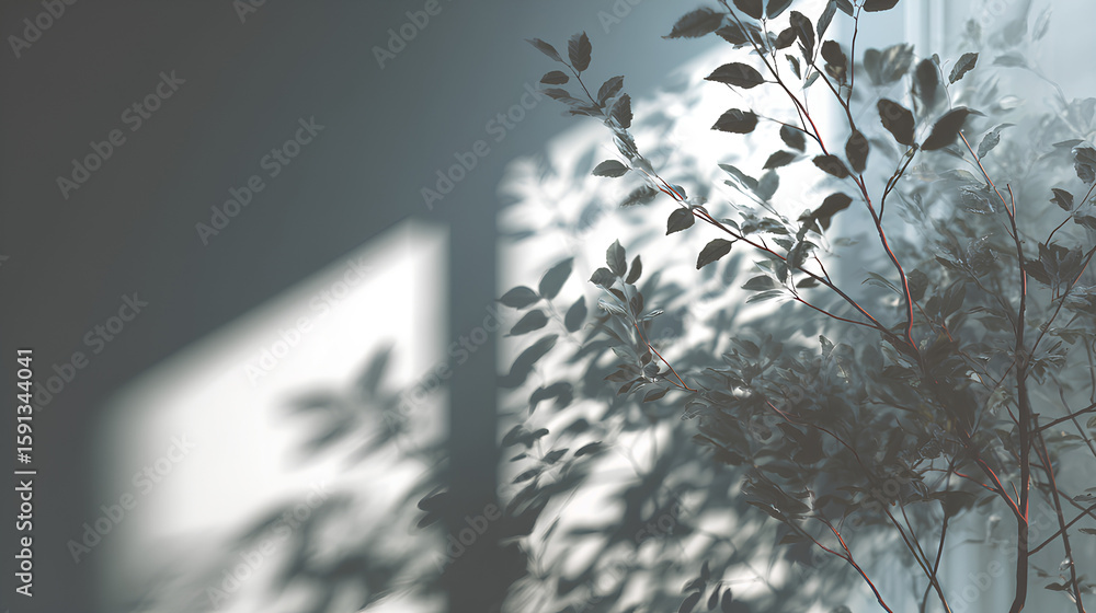 Poster shadow overlay effects of realistic window and tree branch shadow with light blur on white backgroun
