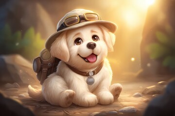 Playful puppy ready for adventure in a sunlit wilderness.