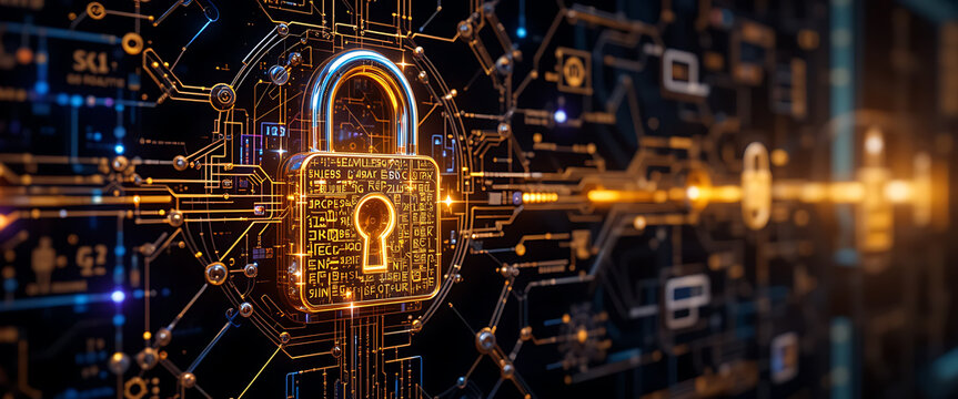 abstract block chain technology digital 3d cyber security system with golden glowing shiny metal lock on the middle dark purple golden silver lock with deep key hole shine shimmering micro glowing sys