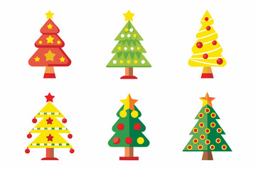 Obraz premium Christmas tree decoration set with various tree shapes, ornaments, stars, garlands, candy canes, and tree toppers