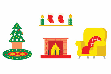 Cozy Christmas interior bundle with fireplace, stockings, cozy chair, holiday rug, candles, and holiday window scene