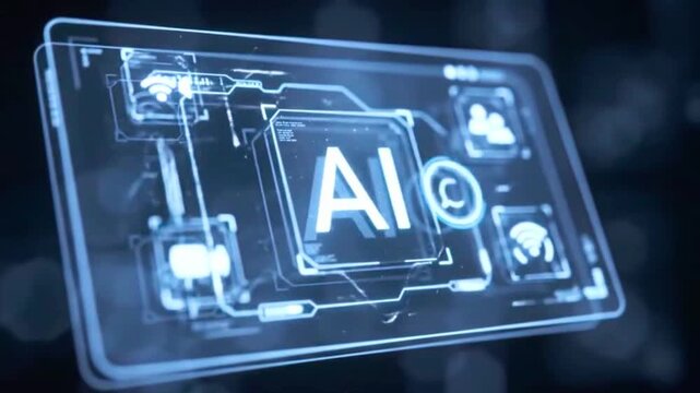 A transparent AI interface materializing in mid-air, composed of floating, touchable holograms and interactive digital panels. 4k video