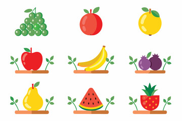 Farmers market fresh fruits collection: grapes (green, red, purple), apples, bananas, pears, melons, figs, and pomegranates with vines and leaves