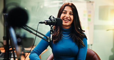 Mic, portrait and woman in studio for podcast, record broadcast and interview for radio show. Media...