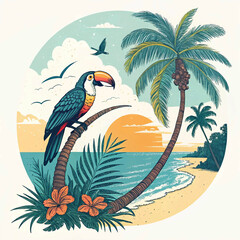 Tropical bird with palm tree graphic print design. Enjoy beach life. Summer vibes artwork. Enjoy summer