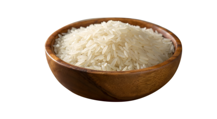 Wooden bowl filled with uncooked white basmati rice isolated on transparent background