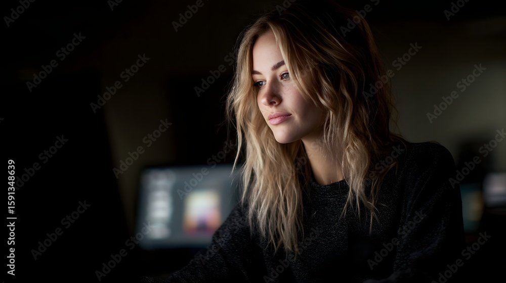 Poster marketing intern preparing brand presentation slides in a learning environment with focused lighting