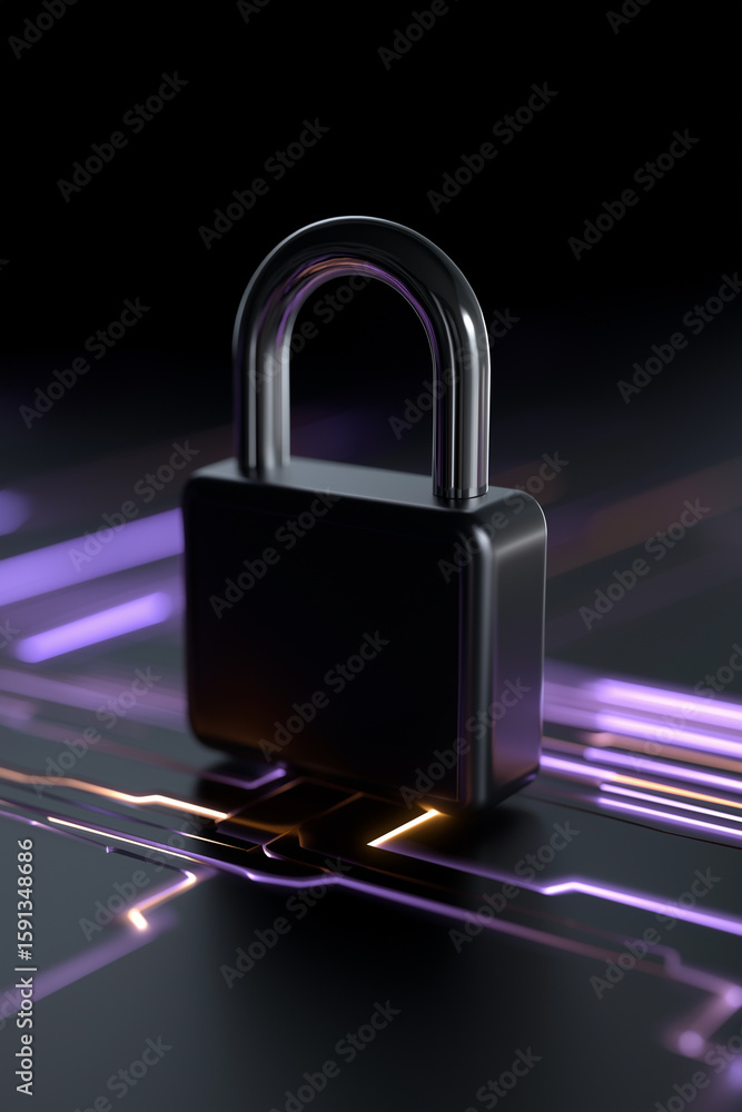 Poster cyber security concept with glowing lines on padlock , digital data protection