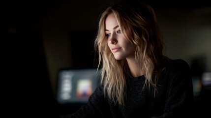 Fototapeta premium Marketing intern preparing brand presentation slides in a learning environment with focused lighting