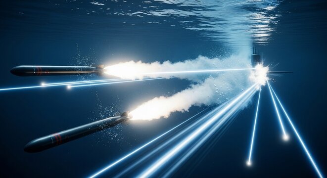 Two torpedoes are fired underwater, creating bright flashes and trails of light as they move through the water.