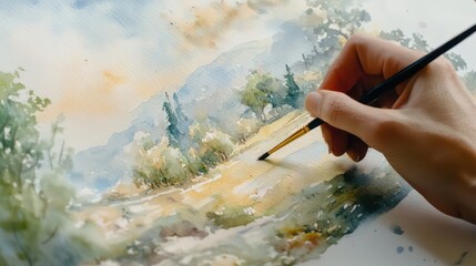 Hand Painting Watercolor Landscape with Brush, Capturing Nature's Beauty