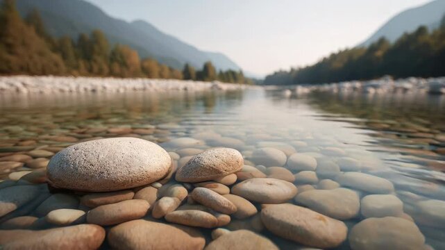 Smooth river stones beneath clear water with mountain nature view