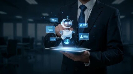 Businessman interacts with futuristic AI chatbot interface on a tablet - Powered by Adobe