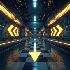 Futuristic tunnel, glowing yellow arrows