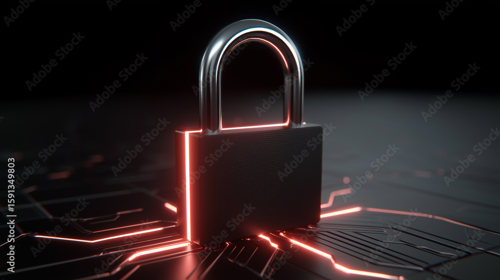Poster cyber security concept with glowing lines on padlock , digital data protection