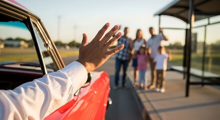 Man waving goodbye from a red car to family at bus stop  