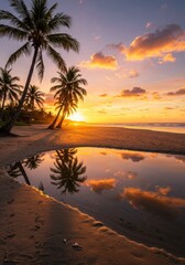 Tropical sunset paradise beach with palm trees, turquoise ocean, and sunny sky perfect for a summer vacation, turquoise ocean, and sunny sky perfect for a summer vacation