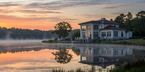 Fototapeta premium Lake house reflection sunrise morning fog real estate architecture nature home property luxury residence water view