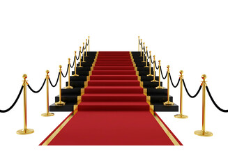 Red and black carpet event entrance with stanchions and ropes isolated on transparent background