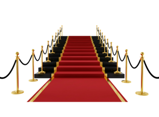 Red and black carpet event entrance with stanchions and ropes isolated on transparent background