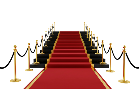 Red and black carpet event entrance with stanchions and ropes isolated on transparent background