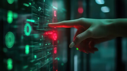 A person's hand interacting with a digital interface with green and red lights and binary code displayed