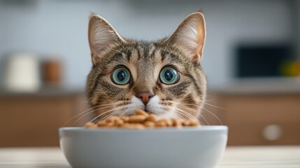 Curious Tabby Cat with Big Eyes Staring at Bowl of Dry Cat Food on a Bright Kitchen Table