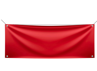 Blank red banner hanging with grommets isolated on transparent background
