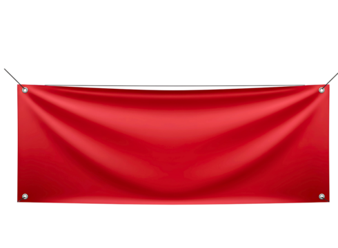 Blank red banner hanging with grommets isolated on transparent background