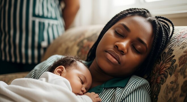 Young black woman resting while holding sleeping baby on sofa