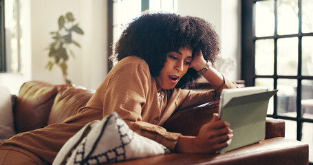 Shock, tablet and woman on sofa with online news, notification and reading gossip on social media....