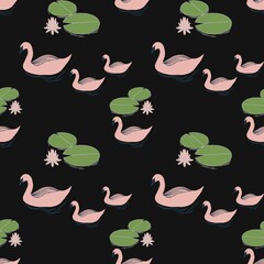 vector seamless pattern with pink swan and water lily