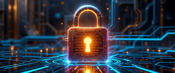 abstract block chain technology digital 3d cyber security system with golden glowing shiny metal lock on the middle dark purple golden silver lock with deep key hole shine shimmering micro glowing sys