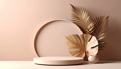 Elegant minimalist decor with dried palm leaves and round plate display in neutral tones indoor setting modern aesthetic